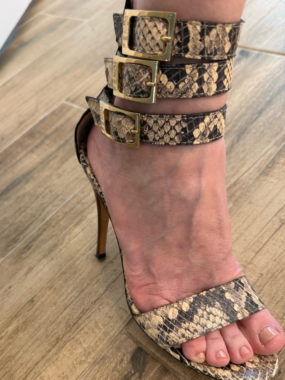 Fendi Beige and Brown Snakeskin Triple-Buckle Stiletto Sandal